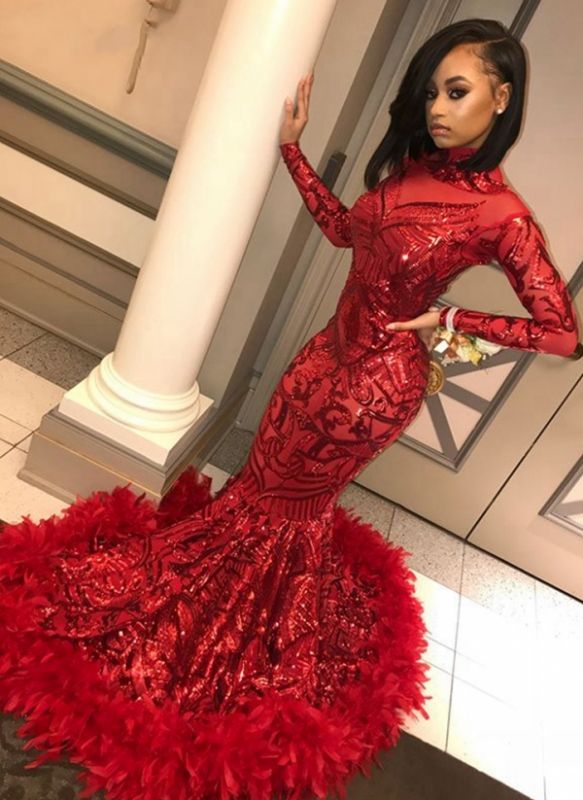 Gorgeous Red Feathers Prom Dresses ｜ High Neck Long Sleeves Formal Dresses