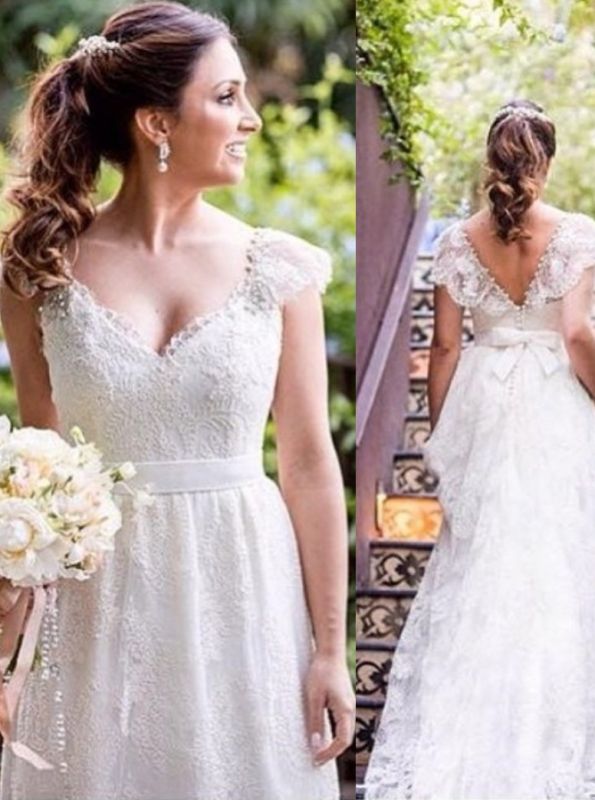 A-line V-neck Bow Cap Sleeves Simple Lace White Wedding Dress