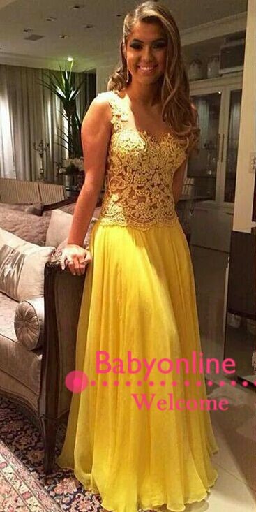 2021 Yellow Long Prom Dresses Lace Beaded Illusion Open Back Chiffon Elegant Evening Gowns