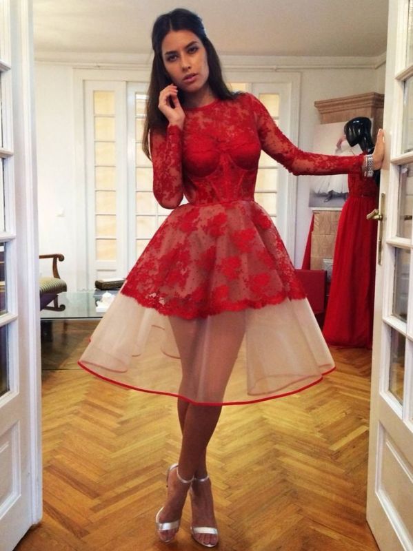 Red Long Sleeves A-Line Homecoming Dresses | Jewel Lace Short Cocktail Dresses