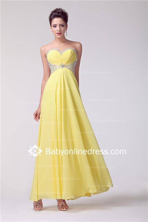 Yellow Sweetheart Empire Prom Gowns 2021 Ankle-Length Sequins Crystal Evening Dresses