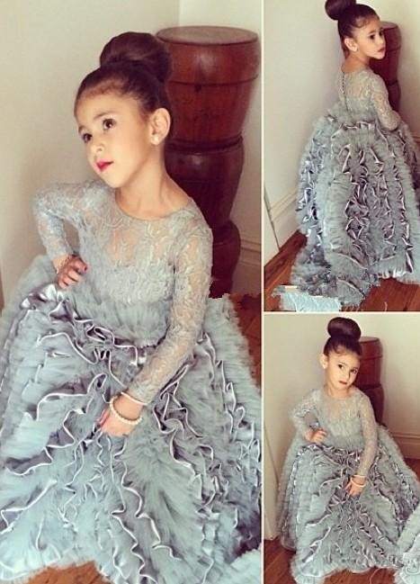 Grey Cloud Flower Girl's Dresses Lace Long Sleeves Tiers Long Stunning Girl's Pageant Dresses