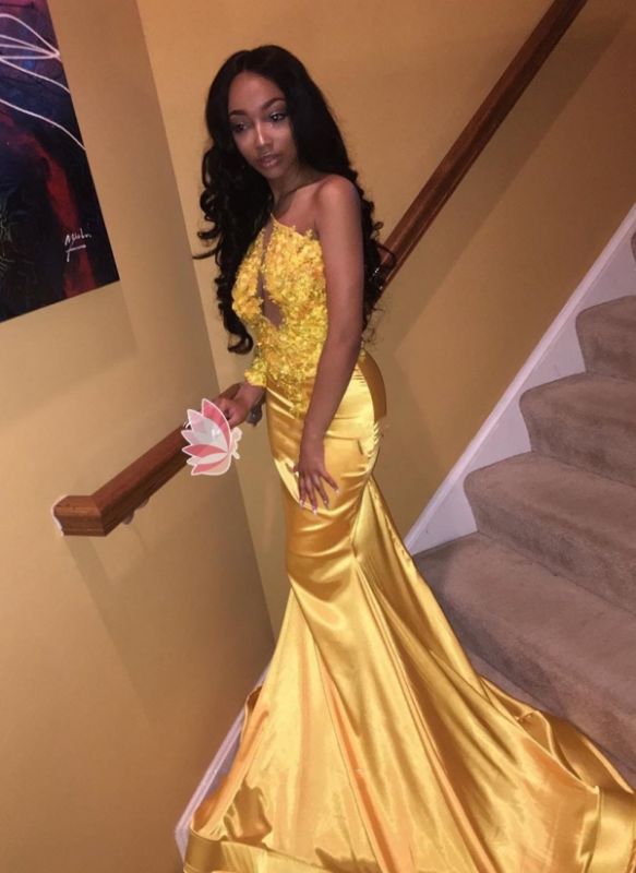 New Yellow Mermaid Prom Dresses | Halter Neck Appliques Evening Gowns