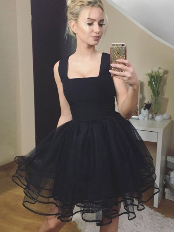 Black A-Line Homecoming Dresses | Square Sleeveless Tutu Cocktail Dresses
