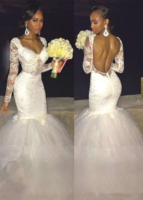 Sexy Mermaid Lace Long-Sleeve Backless Wedding Dress