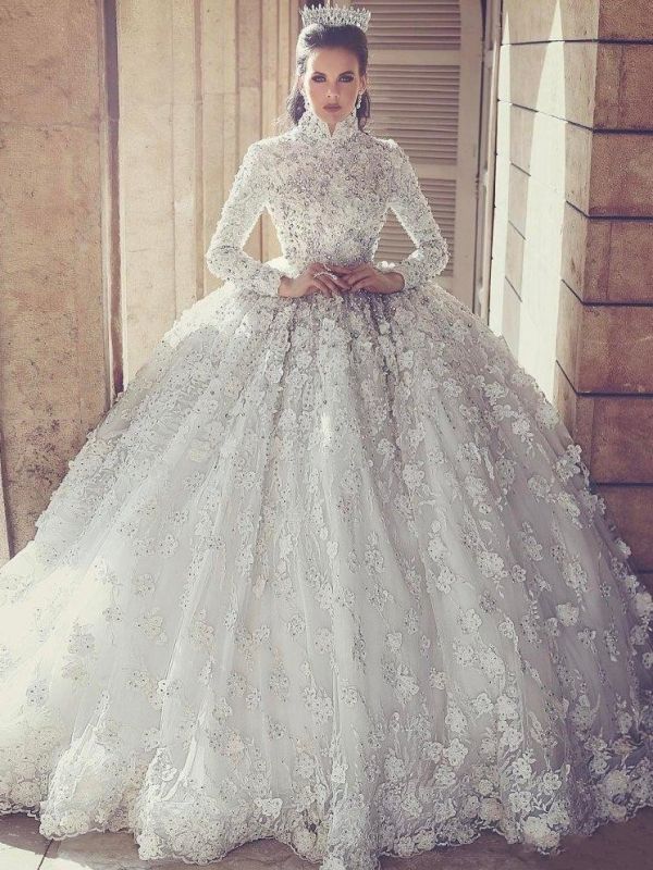 Luxury Long Sleeves Muslim Wedding Dresses | High Neck Lace Appliques Beaded Ball Gown Wedding Dresses