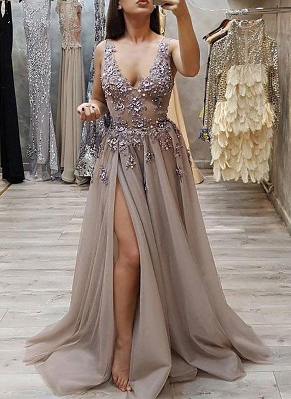 Sexy High Slit A-line Prom Dresses | V-Neck Beading Evening Gowns BC0483
