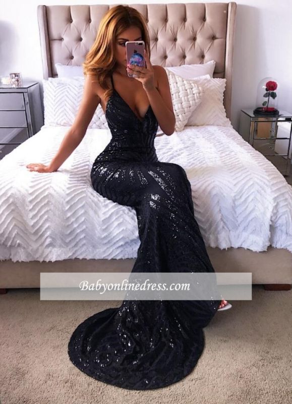 Mermaid New Black Spaghetti-Straps Long Prom Dresses
