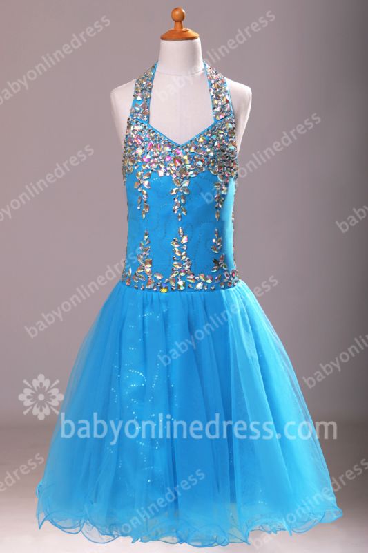 Blue Flower Girls Dresses Halter Sleeveless Crystal Sequins Floor Length Sheath Chiffon Girls Pageant Gowns