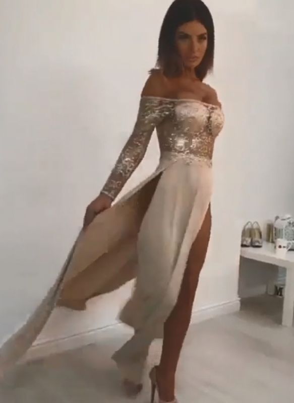 Sexy Off-the-Shoulder Prom Dresses | Champagne Slits Party Dresses