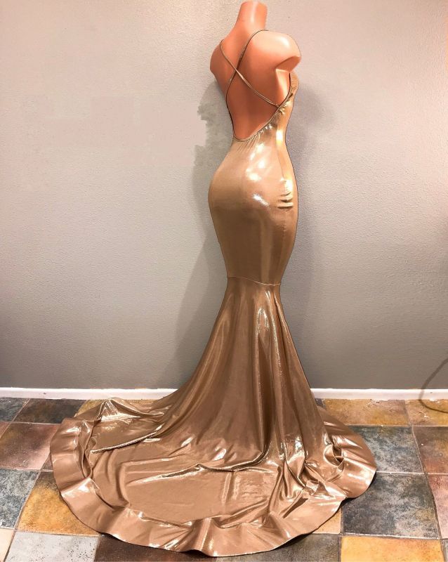 Shiny Gold Mermaid Prom Dresses | Spaghettis Straps Backless Evening Gowns