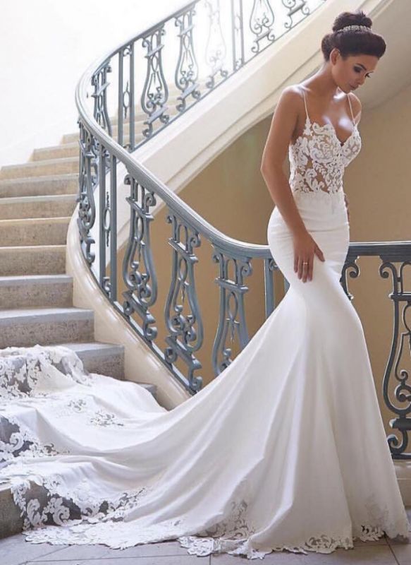 Sexy Spaghettis Straps Mermaid Wedding Dresses | Simple Sheer Sleeveless Bridal Gowns BC0190