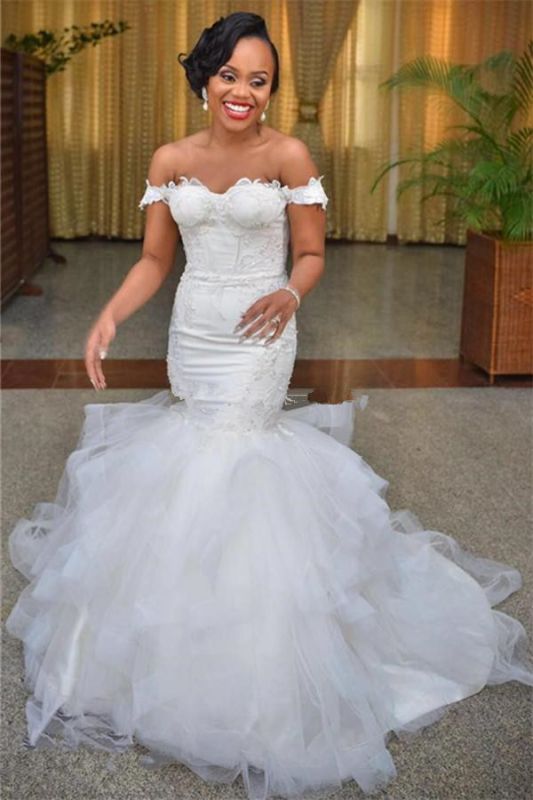 Modest Tulle Off-the-shoulder Short-Sleeve Lace-up Mermaid Lace Wedding Dress