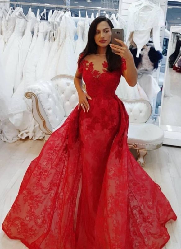 Elegant Red Lace Evening Gowns | Short Sleeves Prom Dresses with Overskirt