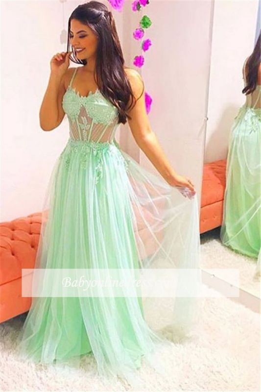 Elegant Sleeveless Tulle Sheer Spaghetti-Straps Prom Dress