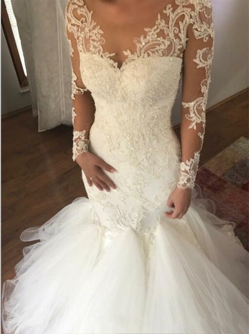 Sexy Lace Mermaid Wedding Dresses | V-Neck Long Sleeves Bridal Gowns