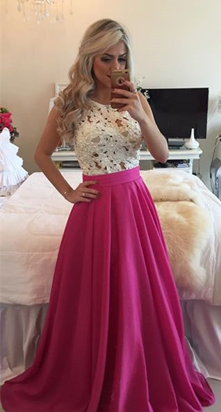2021 Sexy A-Line Lace Fuchsia Prom Dresses Sleeveless Formal Evening Gowns