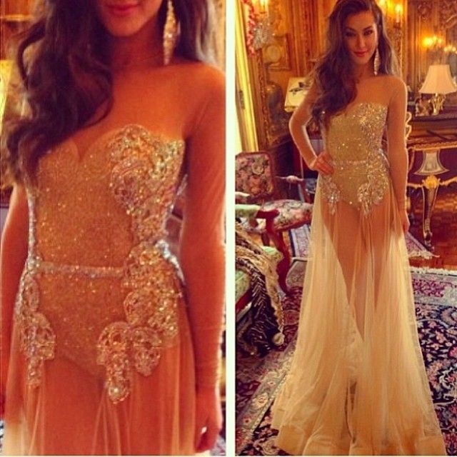 Sweetheart Champagne Sheer Tulle Sexy Prom Dresses with Long Sleeves
