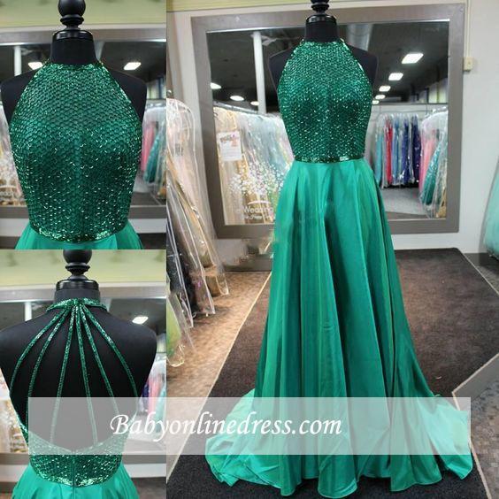Dark Green Net Design Top Halter Neck Long Amazing Prom Dresses BA4331