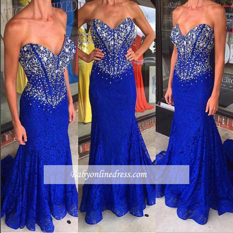 Sweetheart Royal-Blue Mermaid Crystal Lace Sweep-Train Prom Dresses