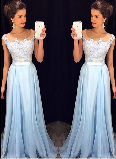 Elegant Sky Blue Prom Dresses | Lace Beading A-line Evening Gowns