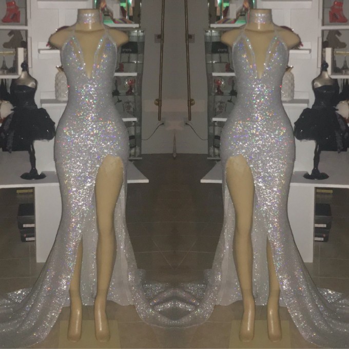 Shiny Silver Sequin Prom Dresses | Halter Neck Slit Party Dress