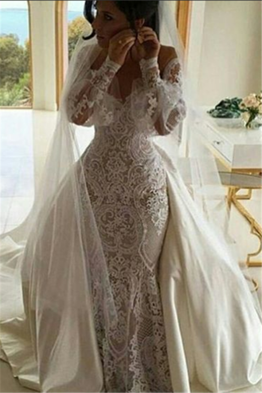 Sexy Long Sleeves V-Neck Bridal Gowns | White Mermaid Appliques Wedding Dresses