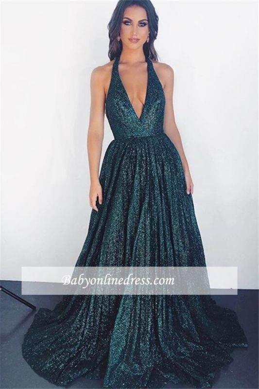 A-Line Halter Glamorous Dark Green Sleeveless Prom Dress