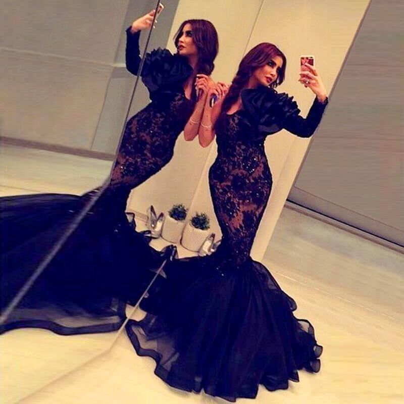 2021 Haifa Wehbe Evening Gowns Black One Shoulder Beaded Ruffles Train Arabic Pageant Dresses