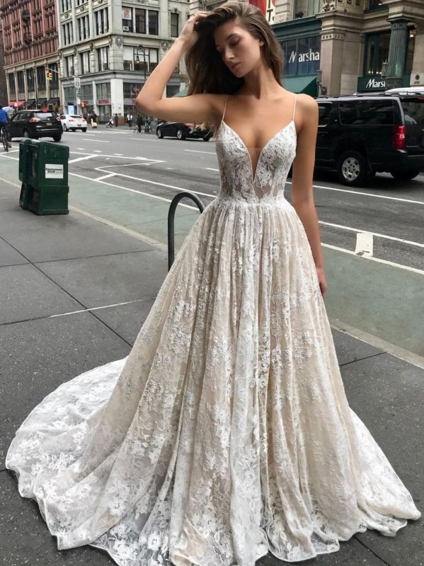 Sexy Lace A-Line Wedding Dresses | Spaghetti Straps long Bridal Gowns