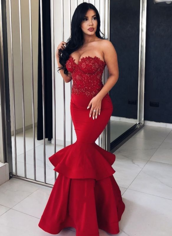 Sexy Red Mermaid Evening Dresses | Sweetheart Neck Beading Prom Dresses
