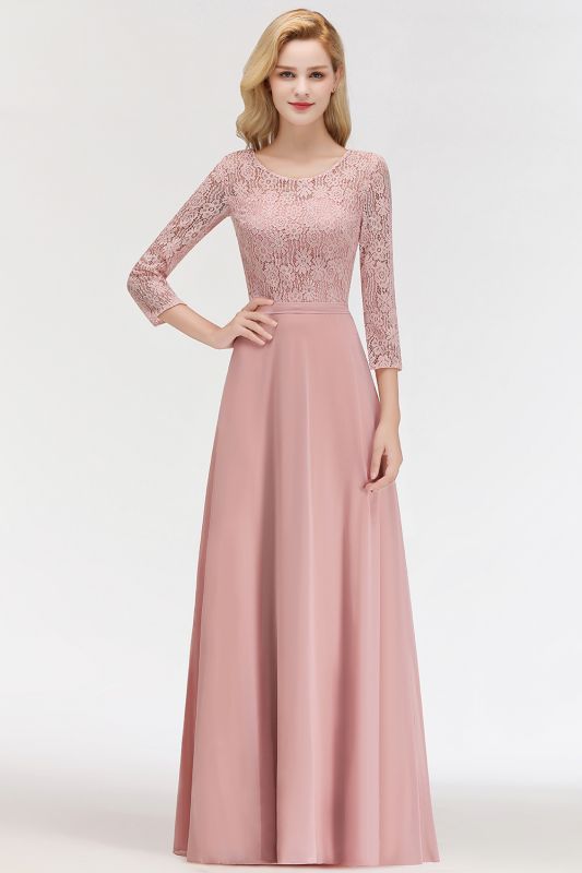 Simple Chiffon A-Line Bridesmaid Dresses | Scoop Three-Quarter-Sleeves Lace Formal Prom Dresses