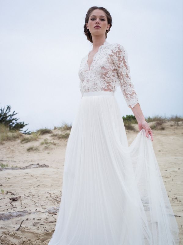 Modern Lace V-neck 3/4 sleeves Simple A-line Wedding Dresses