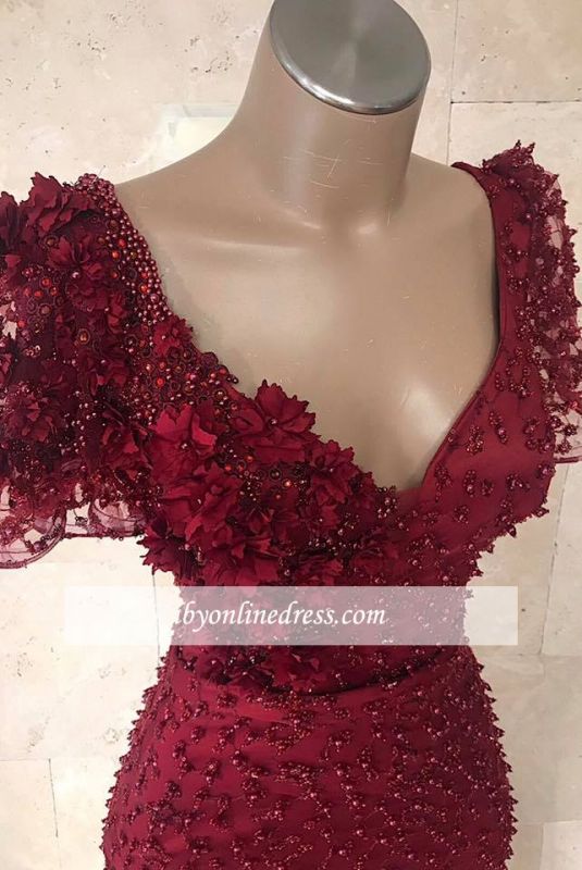 Gorgeous Short Sleeves V-Neck Prom Gowns | Beaded Mermaid Long 2021 Evening Dresses