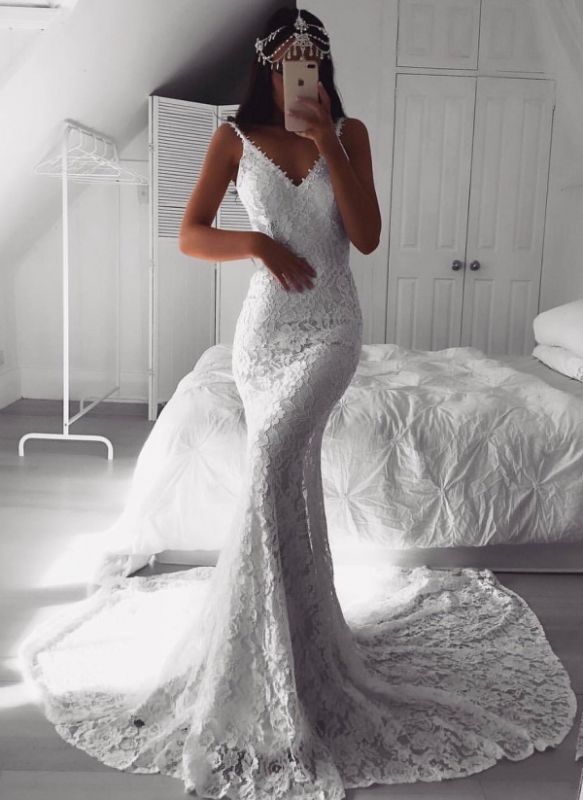 Sexy Lace Mermaid Wedding Dresses | Spaghetti Straps Open Back Long Bridal Gowns