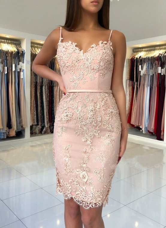 Elegant Pink Sheath Homecoming Dresses | Spaghettis Straps Lace Appliques Cocktail Dress