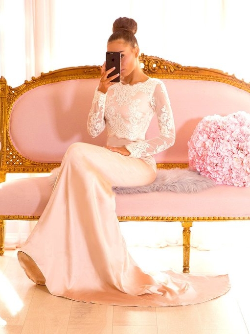 Elegant Lace Mermaid Bridesmaid Dresses | Jewel Long Sleeves Evening Dresses