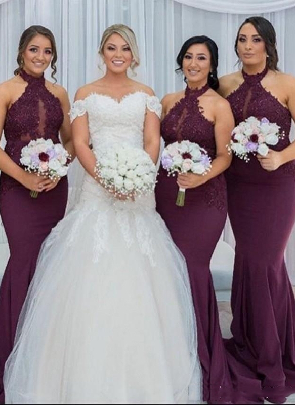 Sexy Halter Mermaid Bridesmaid Dresses | Lace Appliques Long Maid Of The Honor Dresses