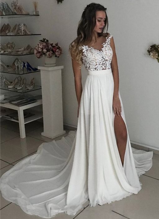 Elegant A-line Wedding Dresses | Lace Appliques Side Slit Bridal Gowns