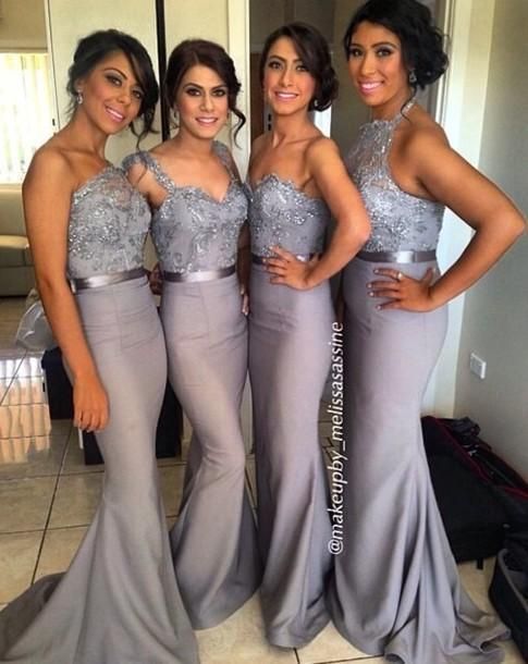 Grey Bridesmaid Dresses 2021 Sash Sequined Appliques Draped Ruffle Sweep Train Mermaid Satin Party Gowns