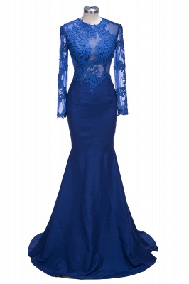 Royal Blue Mermaid Prom Dresses 2021 Long Sleeves Lace Illusion Top Sexy Evening Gowns_1