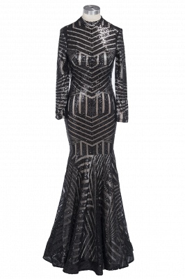 Sexy Black Mermaid High Neck Evening Gowns Long-Sleeves Sequined Prom Dress JJ0085_1