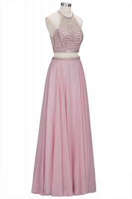Sparkly Heavy Beaded Two Pieces Prom Dresses | Pink Halter Crystal Chiffon A-Line Evening Dresses_1