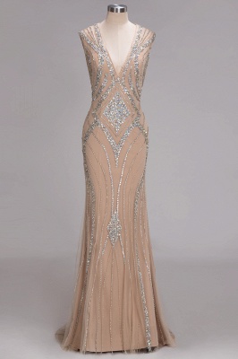 Mermaid Sleeveless Gorgeous Long V-Neck Crystal Beadings Prom Dress_1