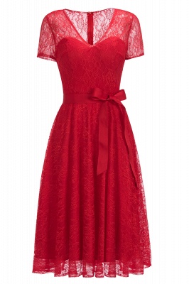 Tea-length Short-sleeve A-line V-neck Lace Red Prom Dress_2
