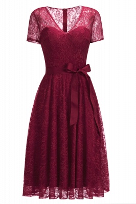 Tea-length Short-sleeve A-line V-neck Lace Red Prom Dress_3