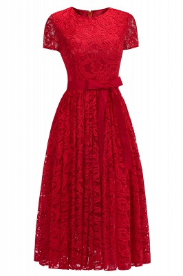 Bow Ribbon Sexy Lace Sheath Short-sleeves Red Prom Dresses_1