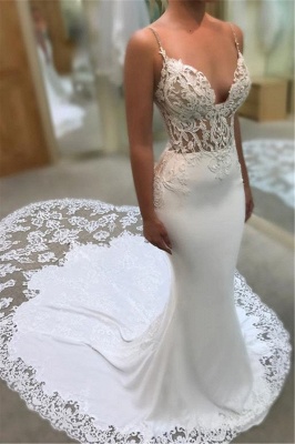 Sexy Mermaid Wedding Dresses | Spaghettis Straps Lace Appliques Bridal Gowns_1