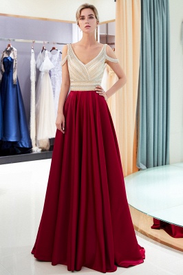 Shiny Beading A-Line Evening Dresses | V-Neck Cold Shoulder Long Prom Dresses_1