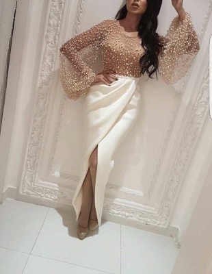Luxury Pearls Slit Evening Gowns | Long Sleeves White Skirt Formal Dresses_1